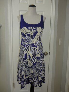 NWT Nine West Sleeveless Sun Dress, Blue White Print, Stretch Cotton, Sz 8